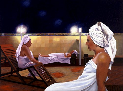 Painting by Lesley Banks of women enjoying the Turkish Suite